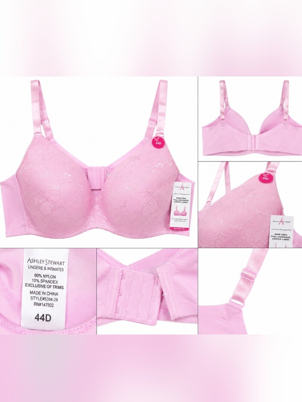 NWT Ashley Stewart 44D Pink Lace Wireless Full Coverage Bra Lightly Lined.